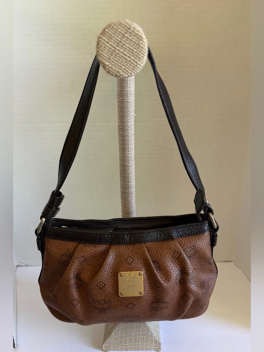 MCM Cognac Logo-Print Leather Shoulder Bag with Gold Plaque